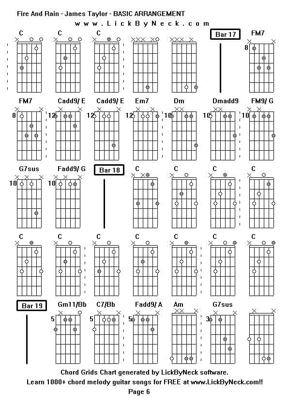 Chord Grids Chart of chord melody fingerstyle guitar song-Fire And Rain - James Taylor - BASIC ARRANGEMENT,generated by LickByNeck software.